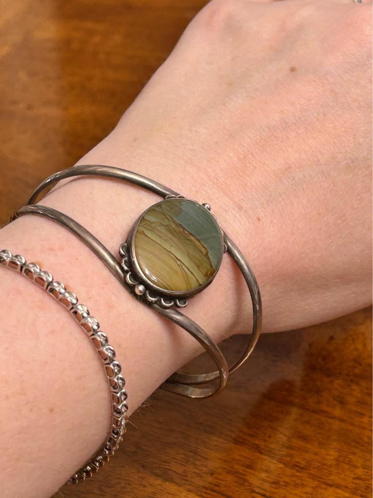 Vintage Southwestern Sterling Silver Picture Jasper Split Shank Cuff Bracelet