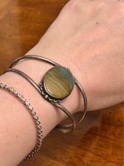 Vintage Southwestern Sterling Silver Picture Jasper Split Shank Cuff Bracelet