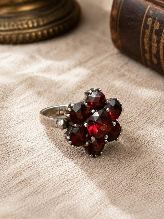 Vintage Bohemian Garnet Cluster Ring Unmarked Sterling Silver Size 7.25