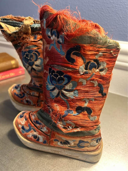 Antique Chinese Silk Embroidered Lotus Shoes Distressed Qing Dynasty