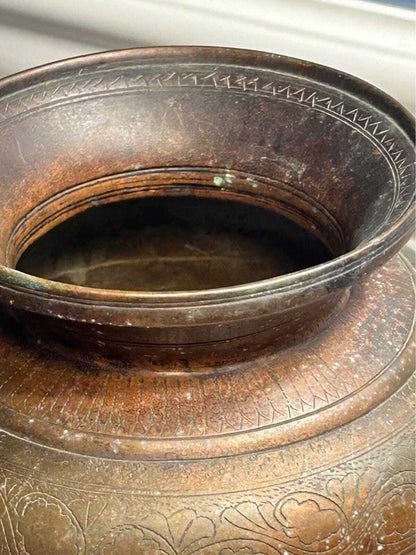 Vintage Hand-Engraved Indian Brass Lota Kalash Water Pot Etched Metal Vase