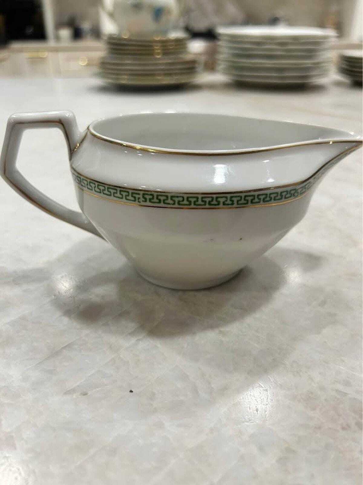 Antique N&C Nagoya Nippon Porcelain Sauce Boat | Green Greek Key Gold Trim Pitcher