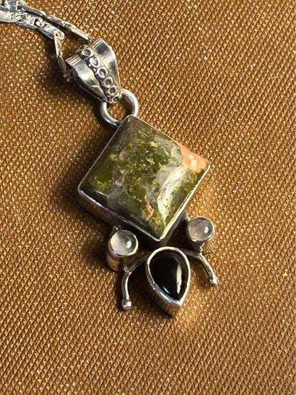 Vintage Sterling Silver Artisan Unakite & Onyx Pendant with 925 Italy Pagoda Chain