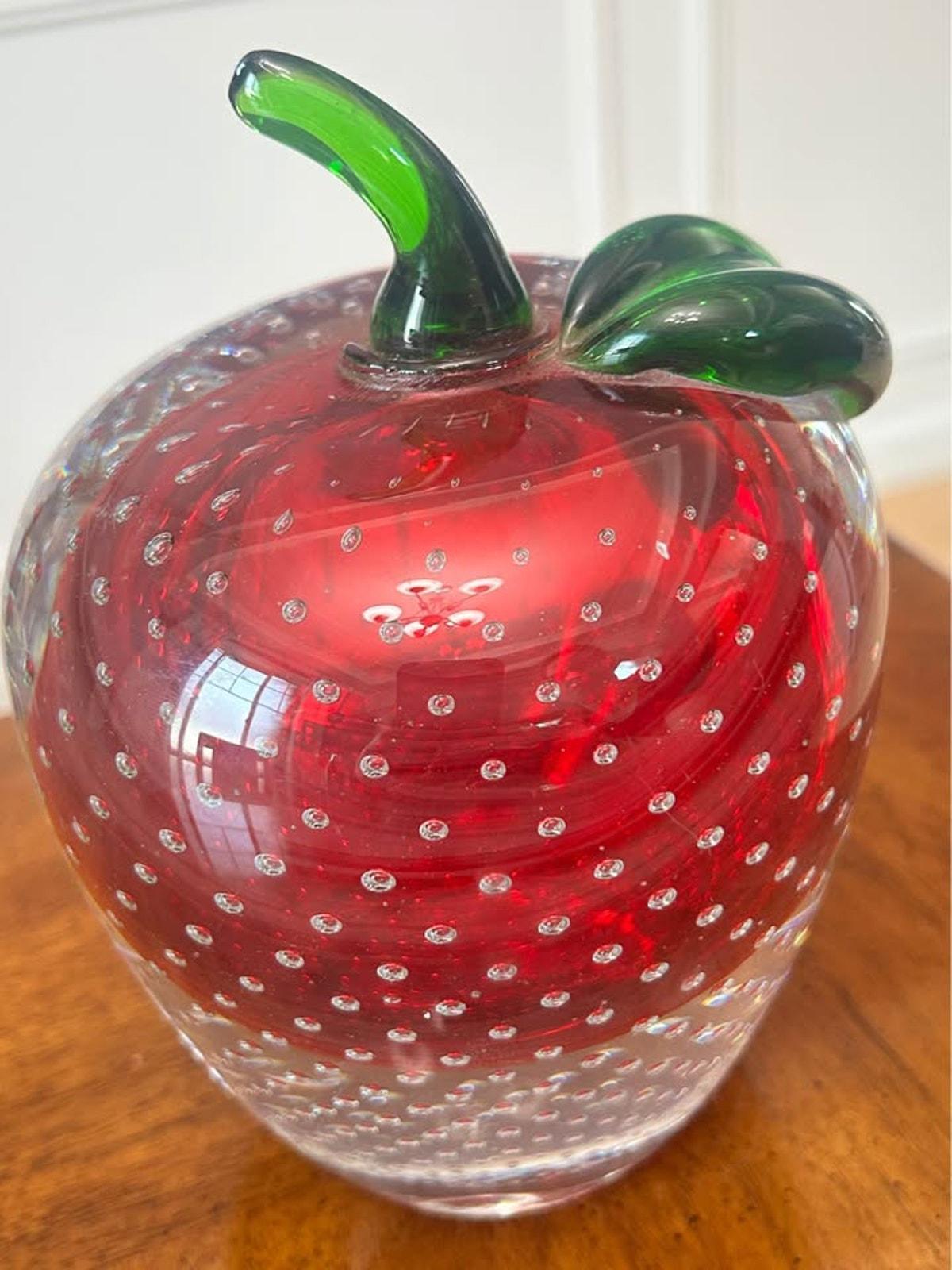 Vintage Murano Style Red Bullicante Art Glass Apple Paperweight