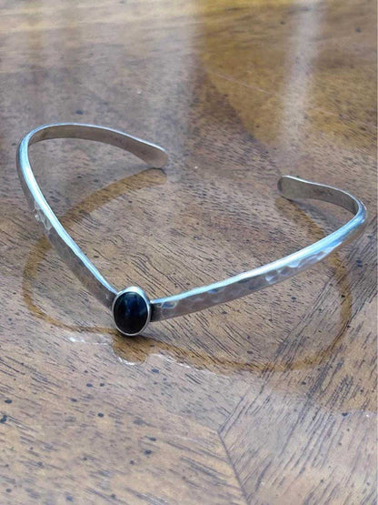 Vintage Artisan Hammered Sterling Silver Chevron Cuff with Black Onyx