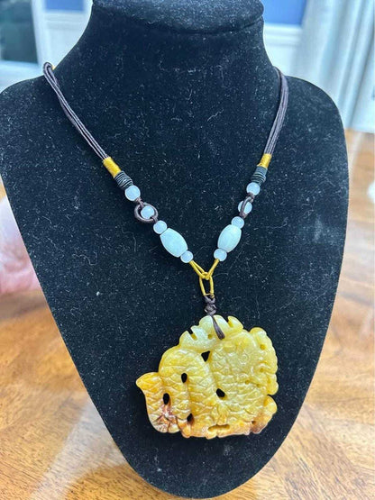 Vintage Carved Yellow and Russet Jadeite Dragon Fish Pendant Necklace