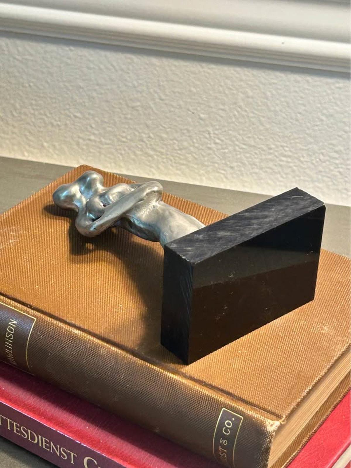 L. Chanin Abstract Pewter Couple Sculpture | Modernist Lovers Statue, Black Stone Base
