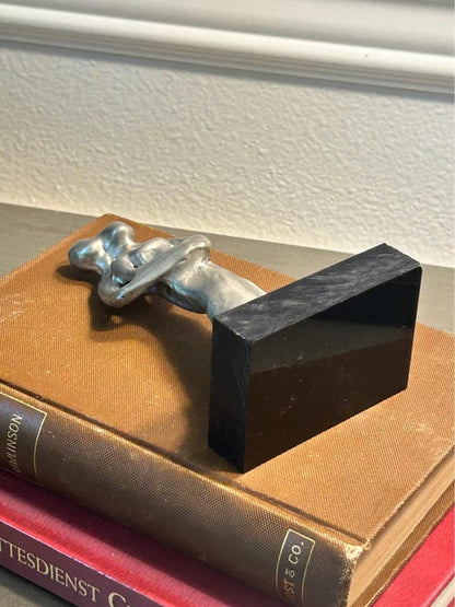 L. Chanin Abstract Pewter Couple Sculpture | Modernist Lovers Statue, Black Stone Base