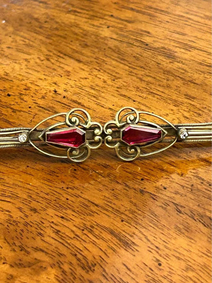 Antique Edwardian Gold Filled Wirework Bar Brooch with Red Coffin Cut Paste Stones
