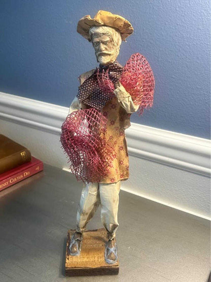 Vintage Mexican Folk Art Set - 16.5" Fisherman & 11.5" Woman - Large Mid-Century Cartonería Paper Ma