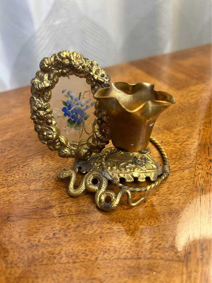 Antique Victorian Ormolu Brass Picture Frame and Spill Vase Desk Tidy with Serpent Motif