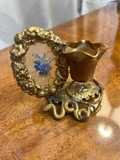 Antique Victorian Ormolu Brass Picture Frame and Spill Vase Desk Tidy with Serpent Motif