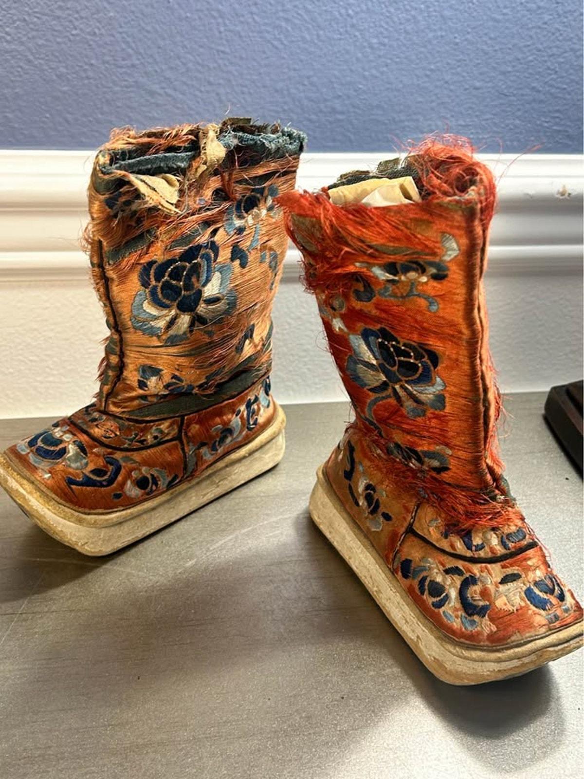Antique Chinese Silk Embroidered Lotus Shoes Distressed Qing Dynasty