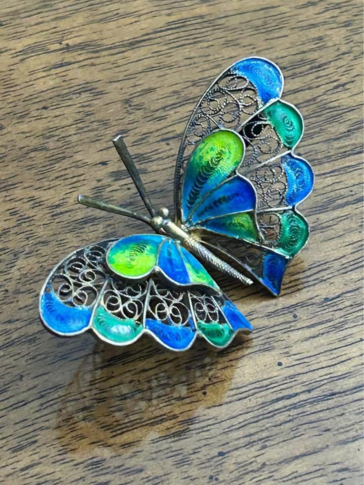 Vintage 800 Silver Filigree Butterfly Brooch With Blue & Green Enamel