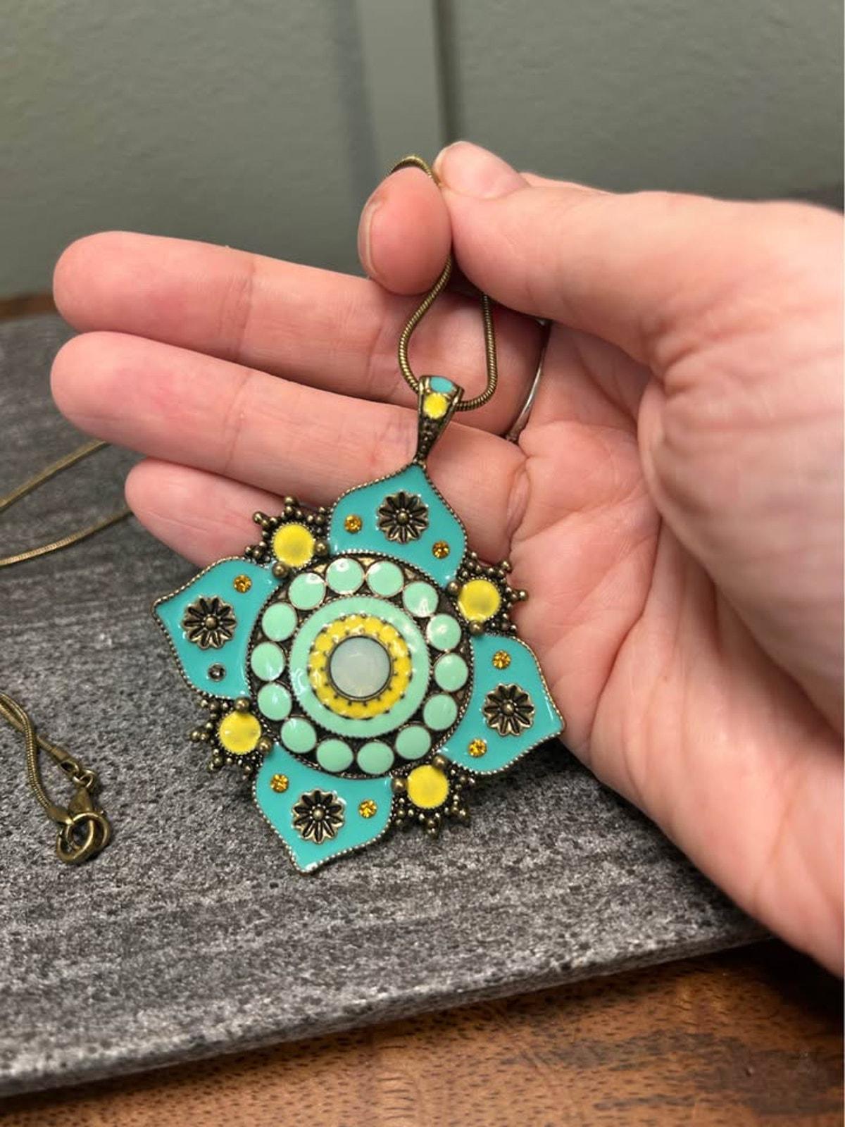Vintage Brass Turquoise & Yellow Enamel Mandala Pendant Necklace