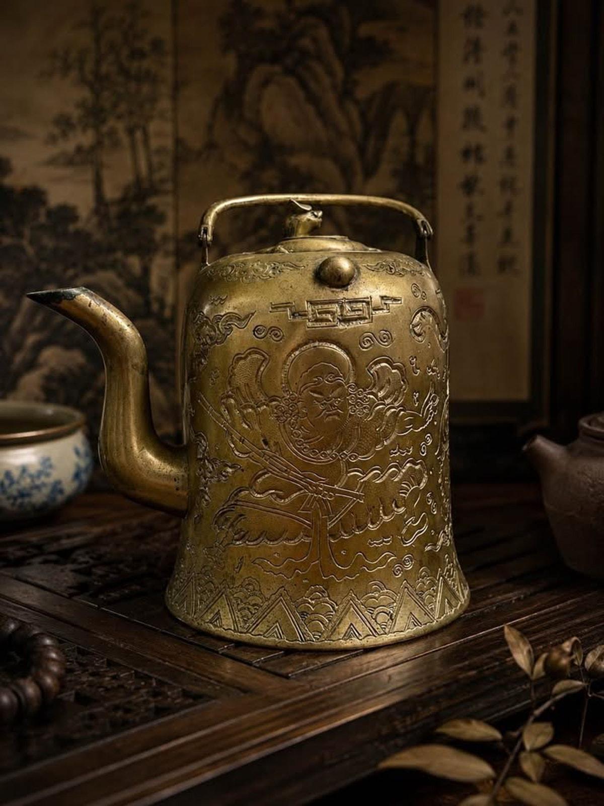 Vintage Engraved Asian Brass Teapot with Taoist Immortal and Xuanwu Tortoise Finial