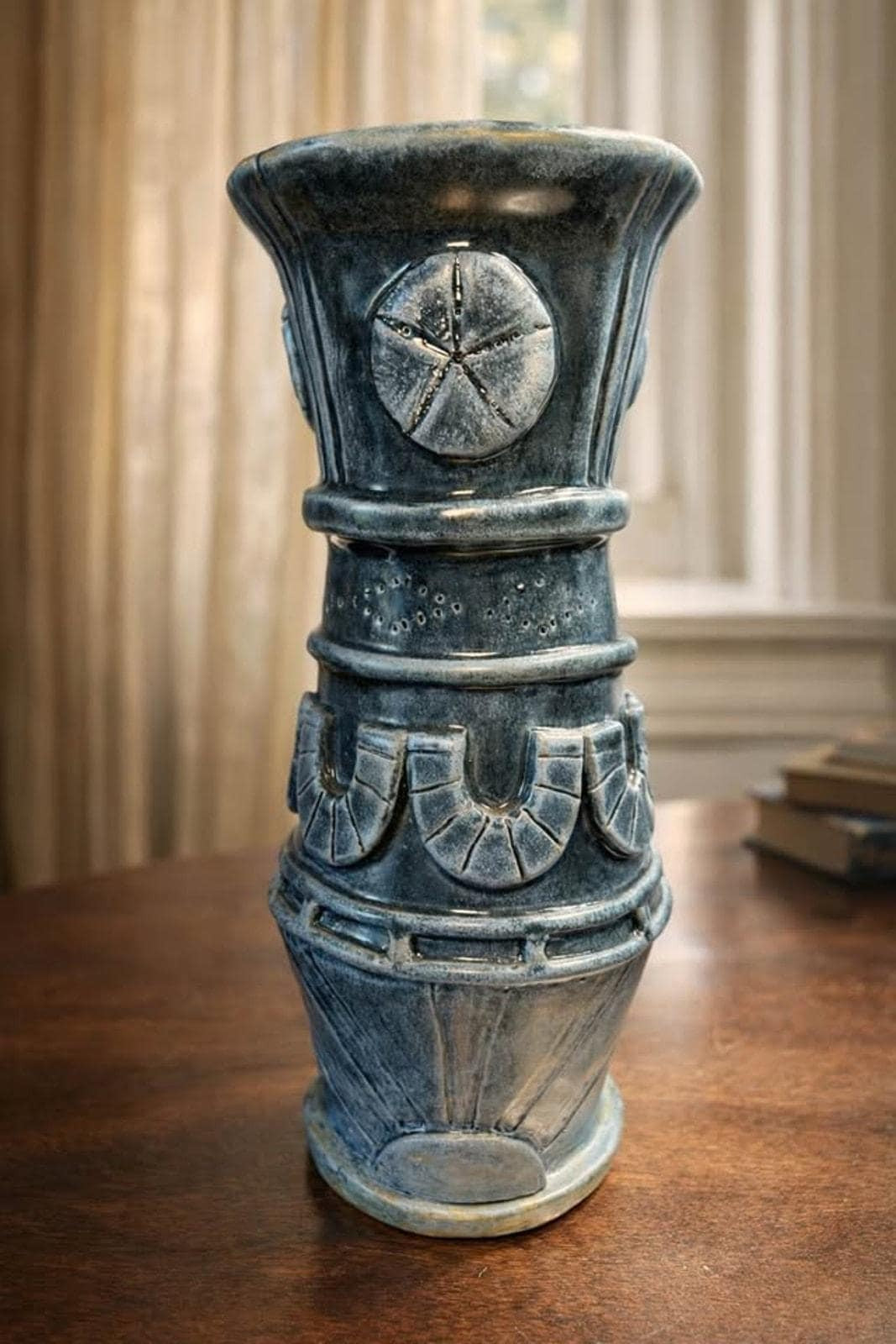 Artisan Indigo Blue Sand Dollar Pottery Vase - 11.5" Tall Coastal Stoneware