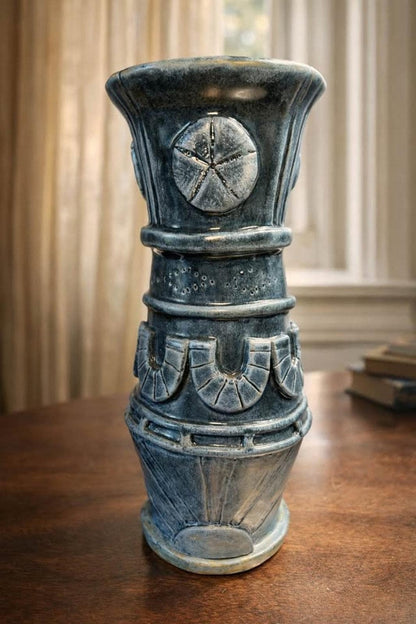 Artisan Indigo Blue Sand Dollar Pottery Vase - 11.5" Tall Coastal Stoneware