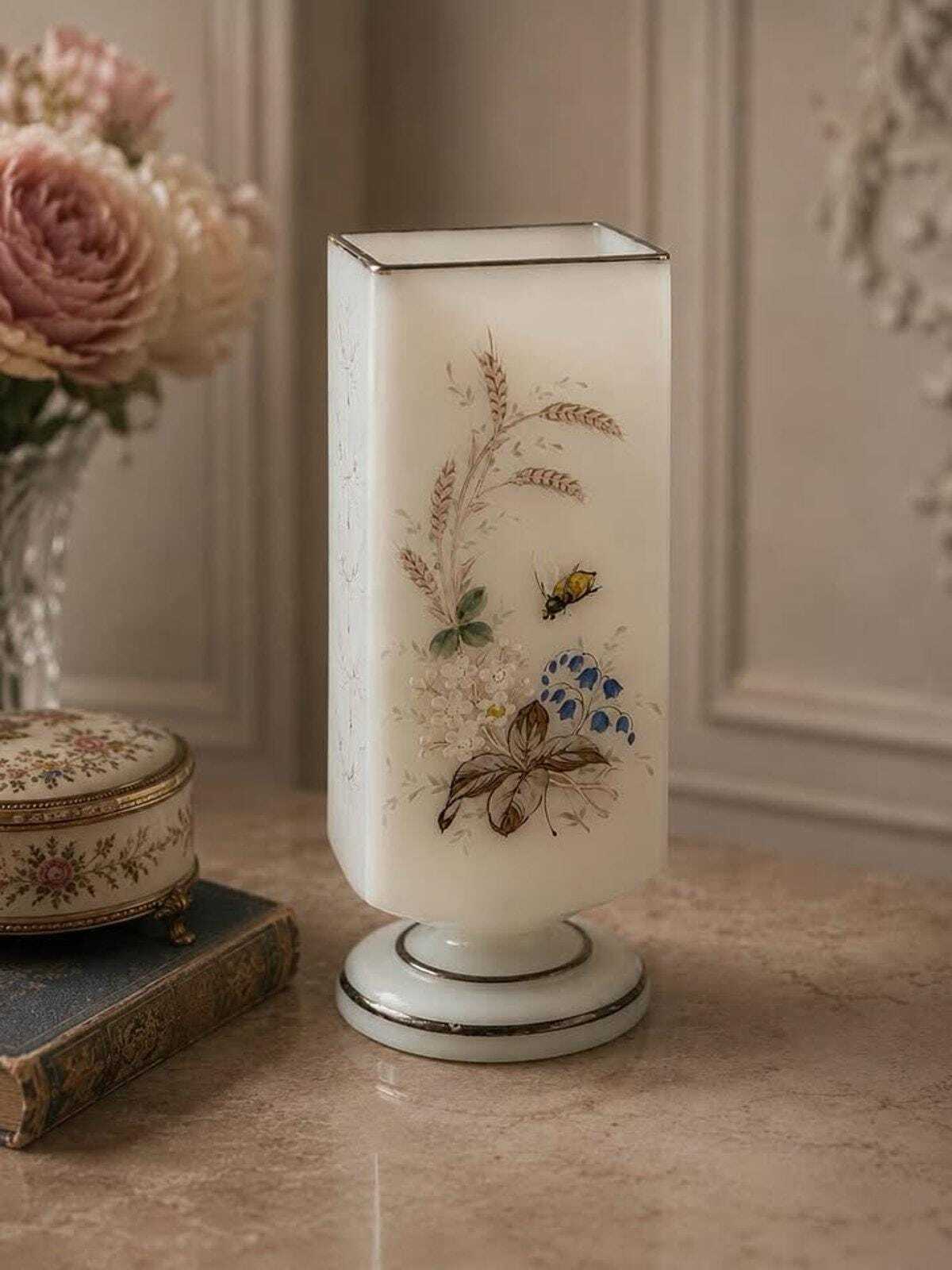 Antique Bohemian Frosted Art Glass Vase Enamel Floral and Bee Motif