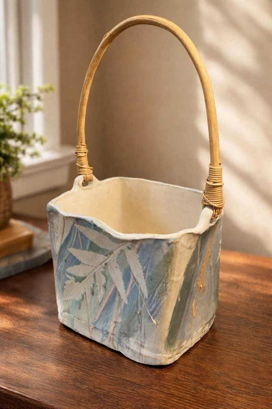 Hannegan Studio Art Pottery Square Basket with Bentwood Handle