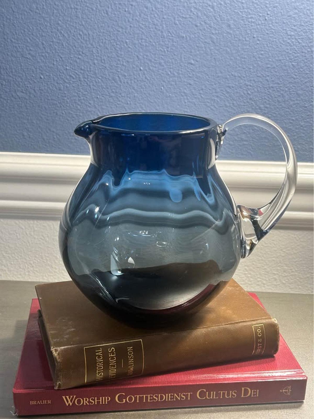 Mid-Century Hand-Blown Blue Art Glass Pitcher | Optic Ribbed Bulbous Jug with Clear Applied Handle