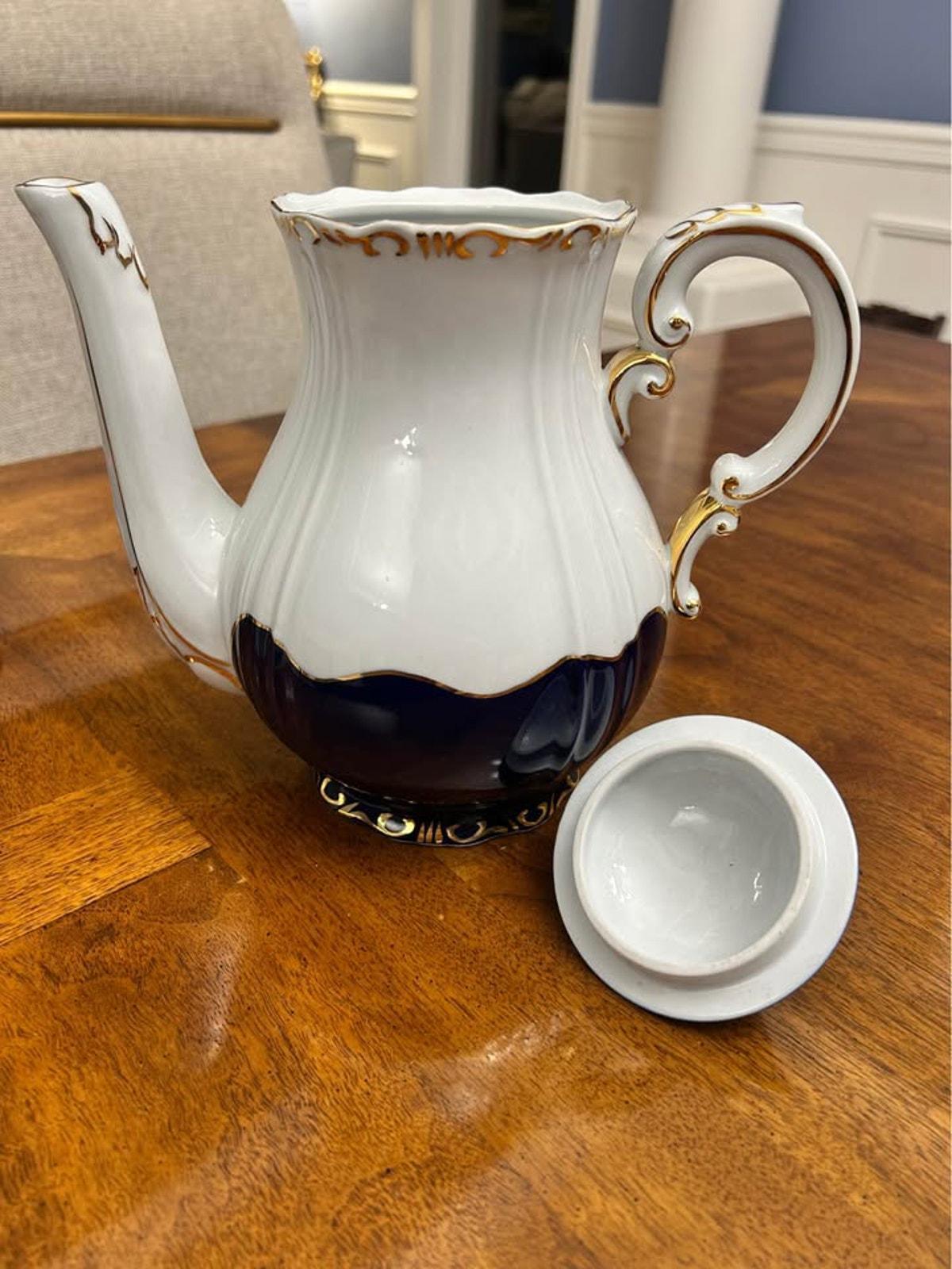Vintage Zsolnay Pécs Hungary Cobalt Blue & Gold Porcelain Coffee Pot