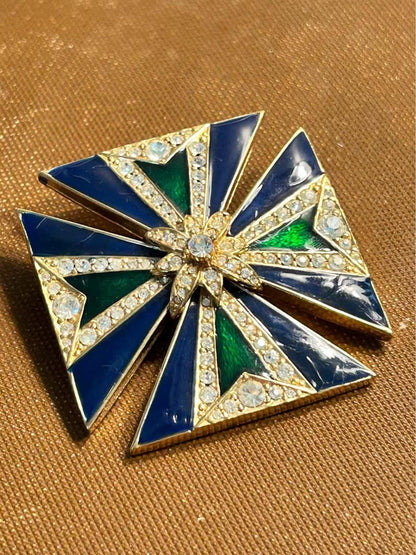 Ciner Vintage Blue and Green Enamel Maltese Cross Brooch and Pendant