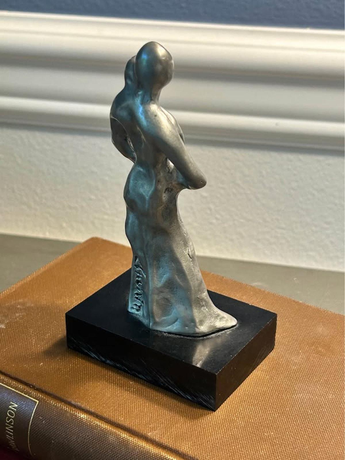 L. Chanin Abstract Pewter Couple Sculpture | Modernist Lovers Statue, Black Stone Base