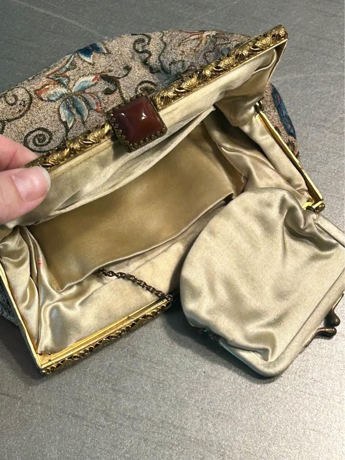 Antique French Chinoiserie Embroidered Art Deco Purse with Clasp