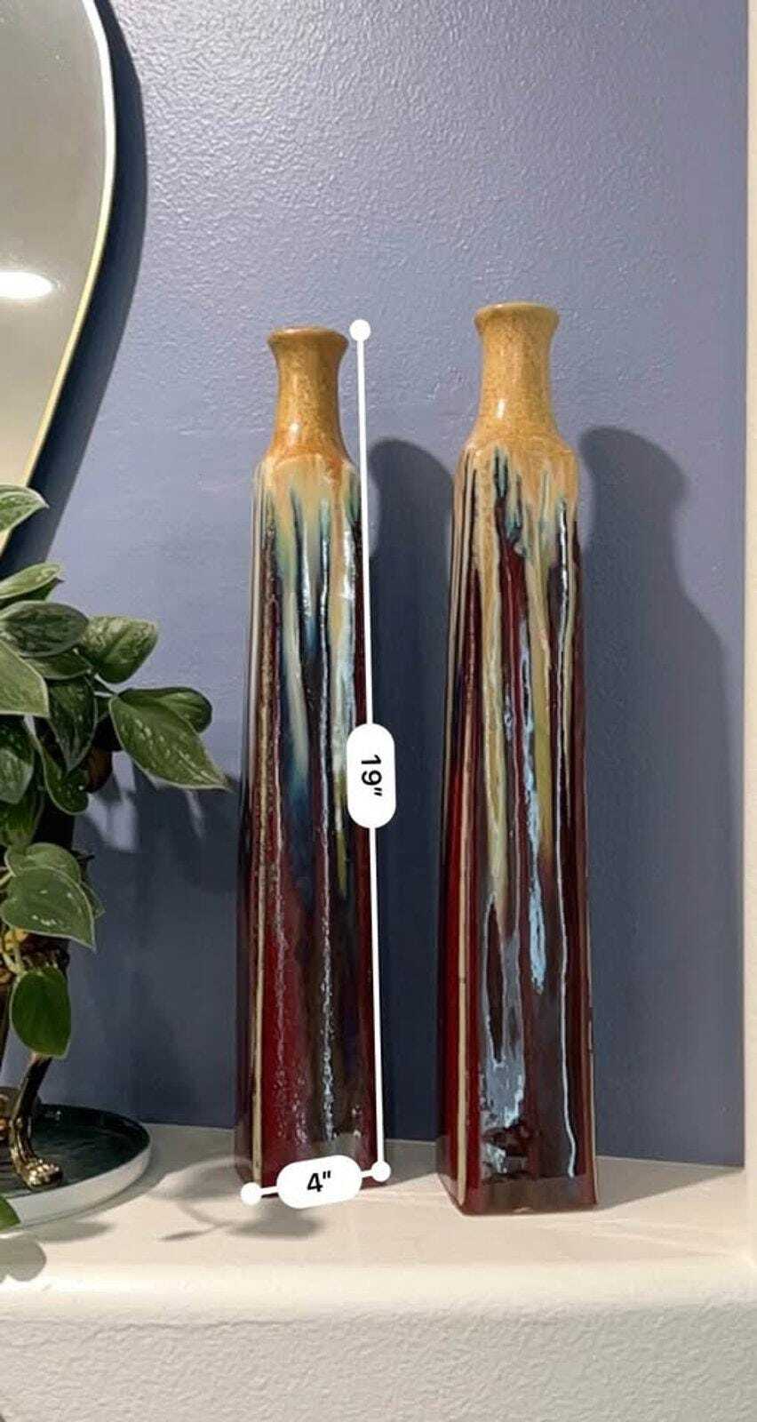 Pair of 19" Tall Vintage Studio Pottery Obelisk Vases