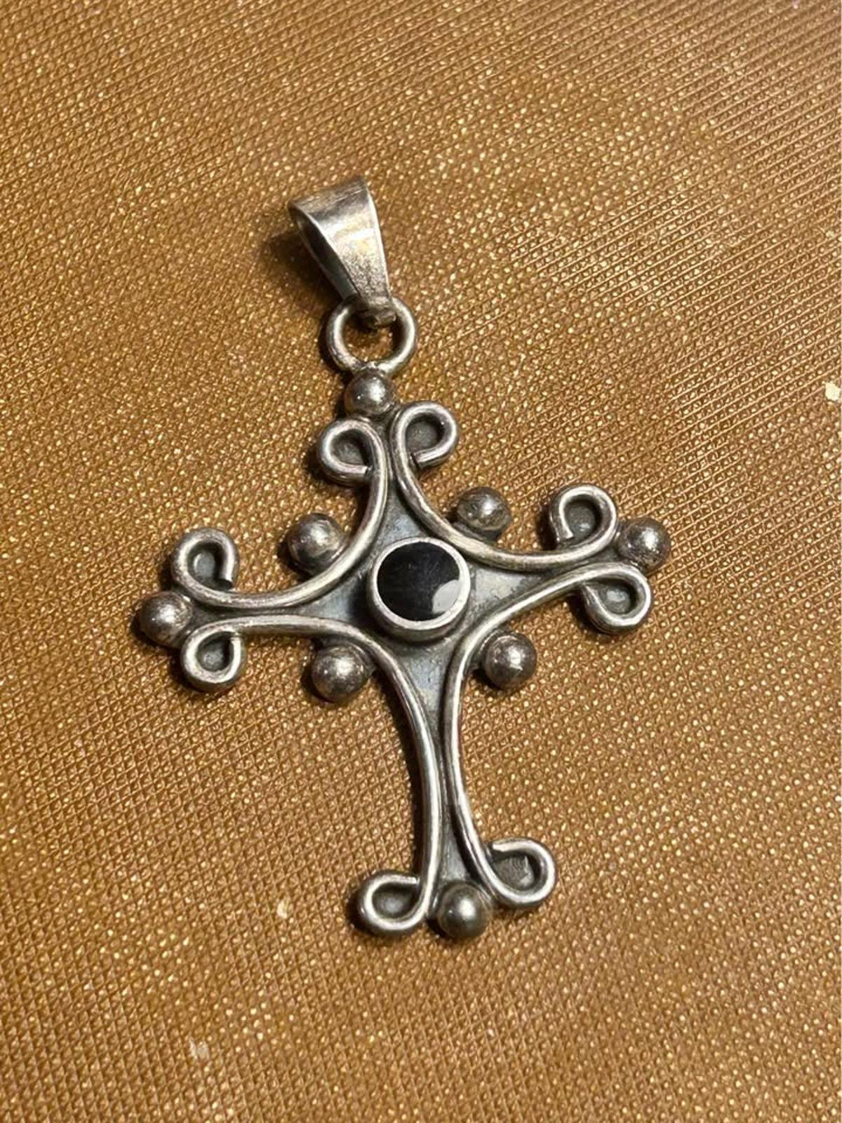 Vintage Sterling Silver Scrollwork Cross Pendant Black Cabochon Gothic Revival Artisan