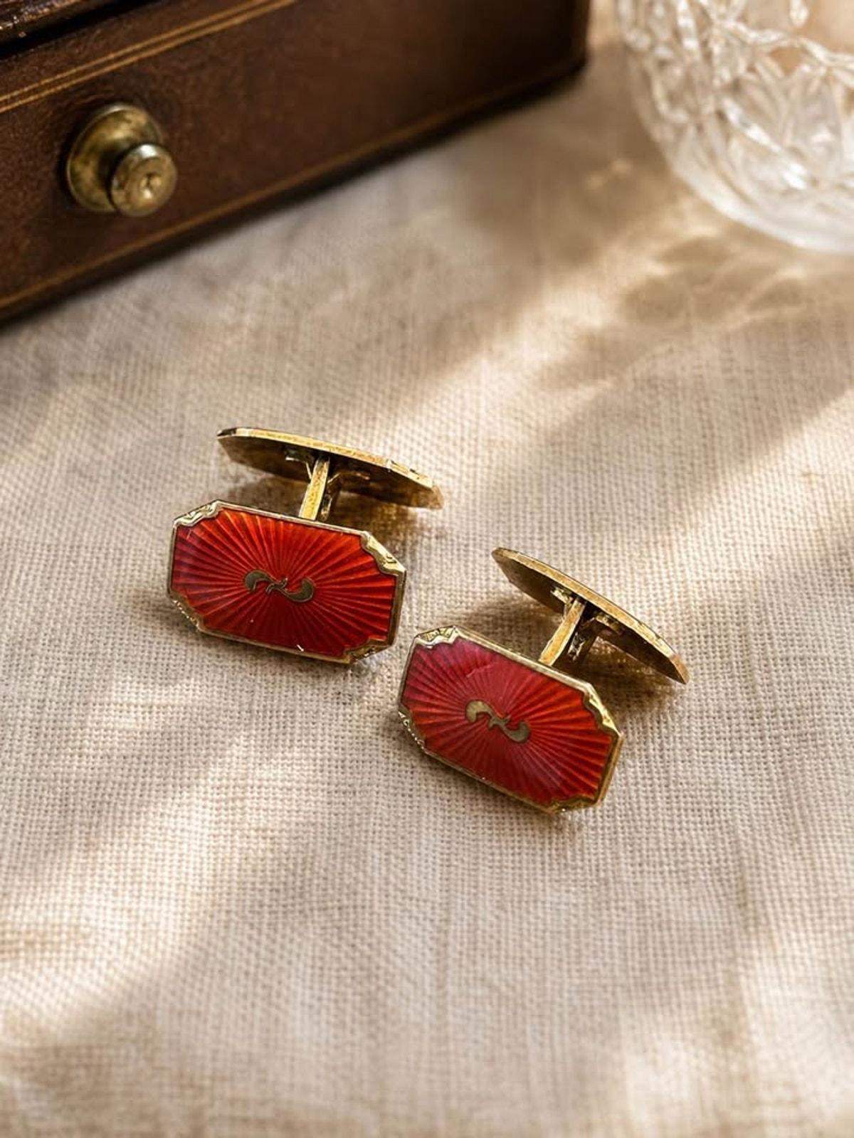 Vintage Norwegian Sterling Silver Vermeil & Red Guilloché Enamel Cufflinks, R.W.