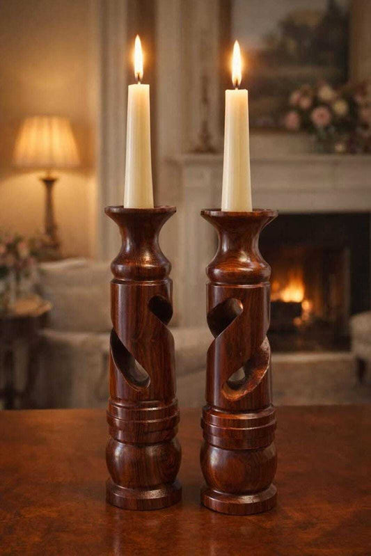 Vintage Hand-Turned Barley Twist Solid Wood Candlesticks