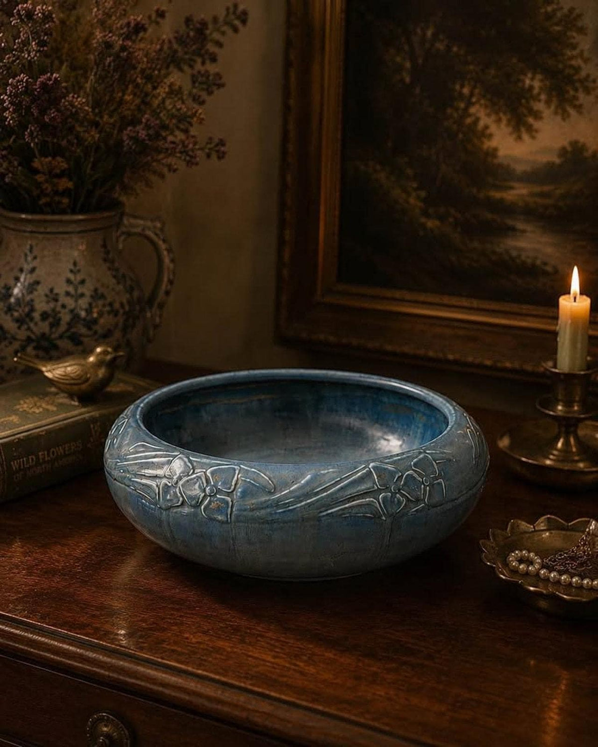 Antique 1927 Rookwood Pottery Matte Blue Relief Floral Bowl Shape 2149