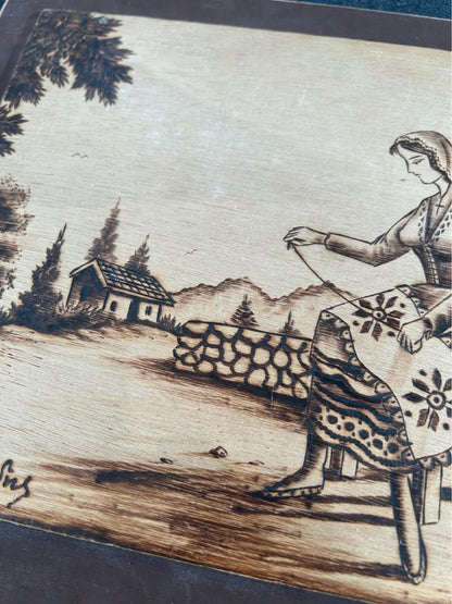 Vintage Lambousa Cyprus Pyrography Art Plaque – Lefkaritika Lace Scene, Signed K. Matsagides