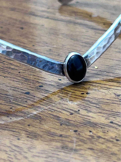 Vintage Artisan Hammered Sterling Silver Chevron Cuff with Black Onyx