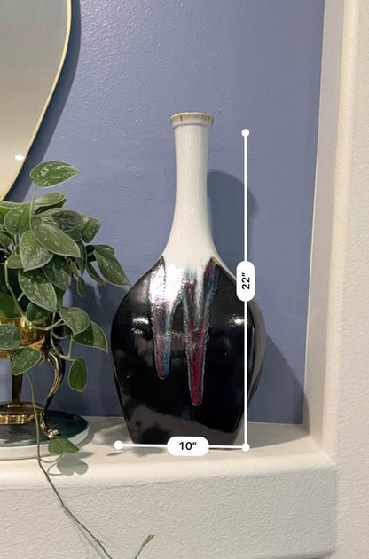 Extra Tall Mid-Century Drip Glaze Vessel – Obsidian Cream Studio Art Pottery 1970s Home Decor