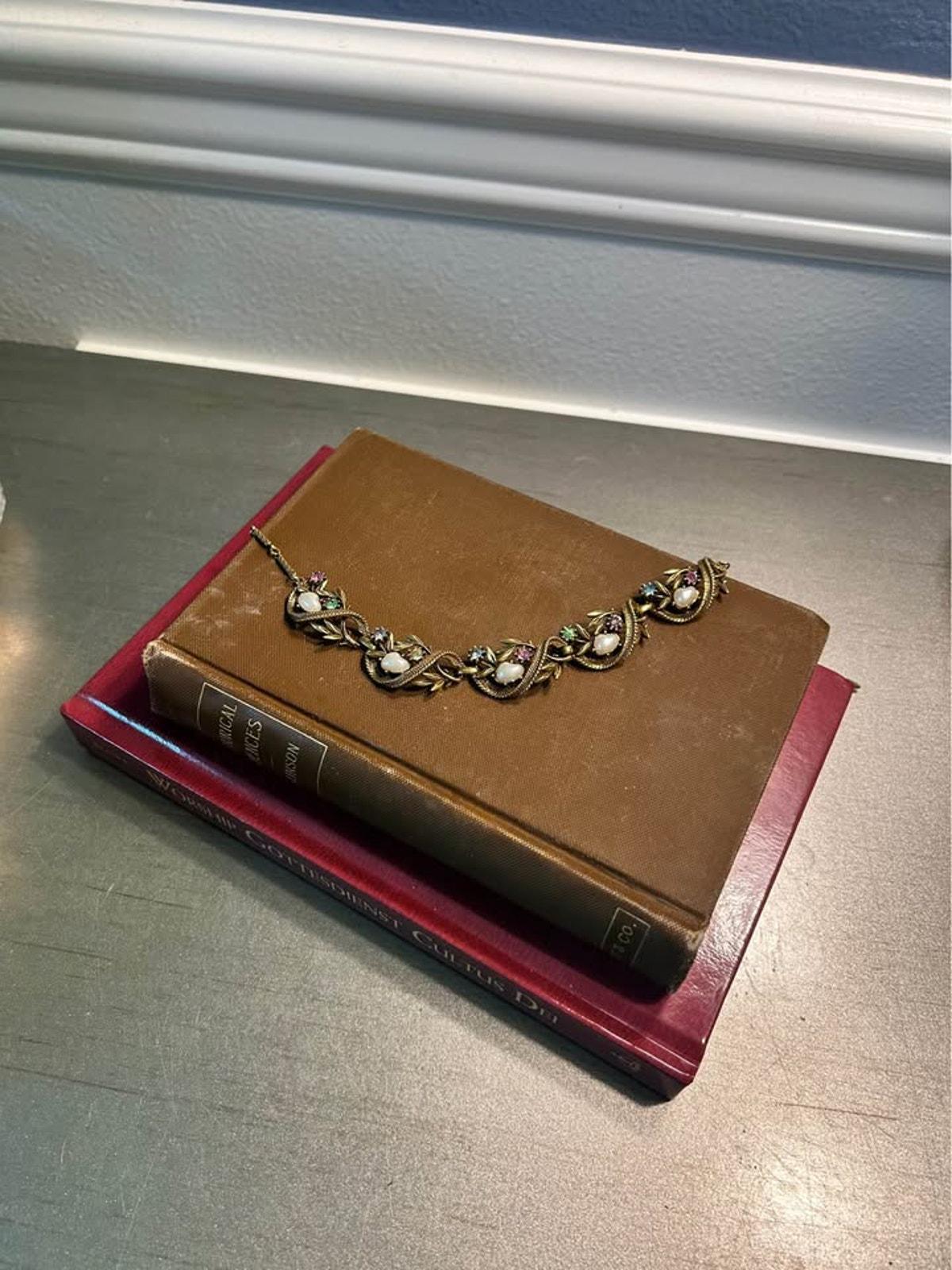Unsigned Coro Book Piece Vine Choker Faux Pearl Pastel Rhinestone 1950s