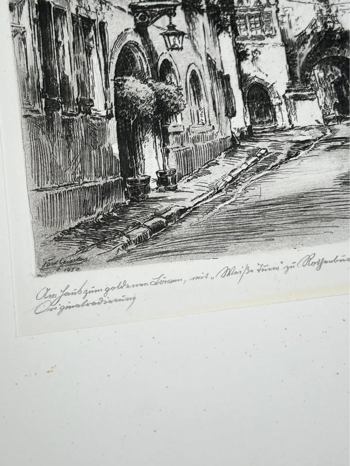 Antique Paul Geissler Original Pencil Signed Architectural Etchings Rothenburg and Nuremberg Pair