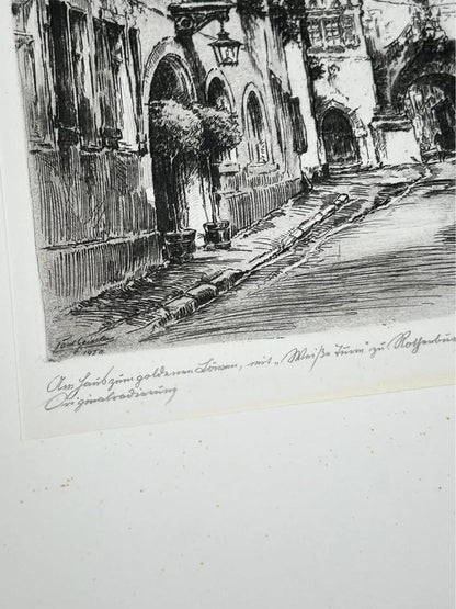 Antique Paul Geissler Original Pencil Signed Architectural Etchings Rothenburg and Nuremberg Pair