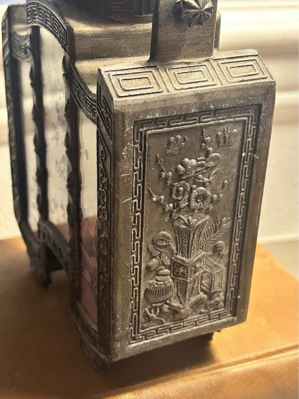 Vintage Chinese Pewter Teapot with Reverse Painted Glass Luohan Panels