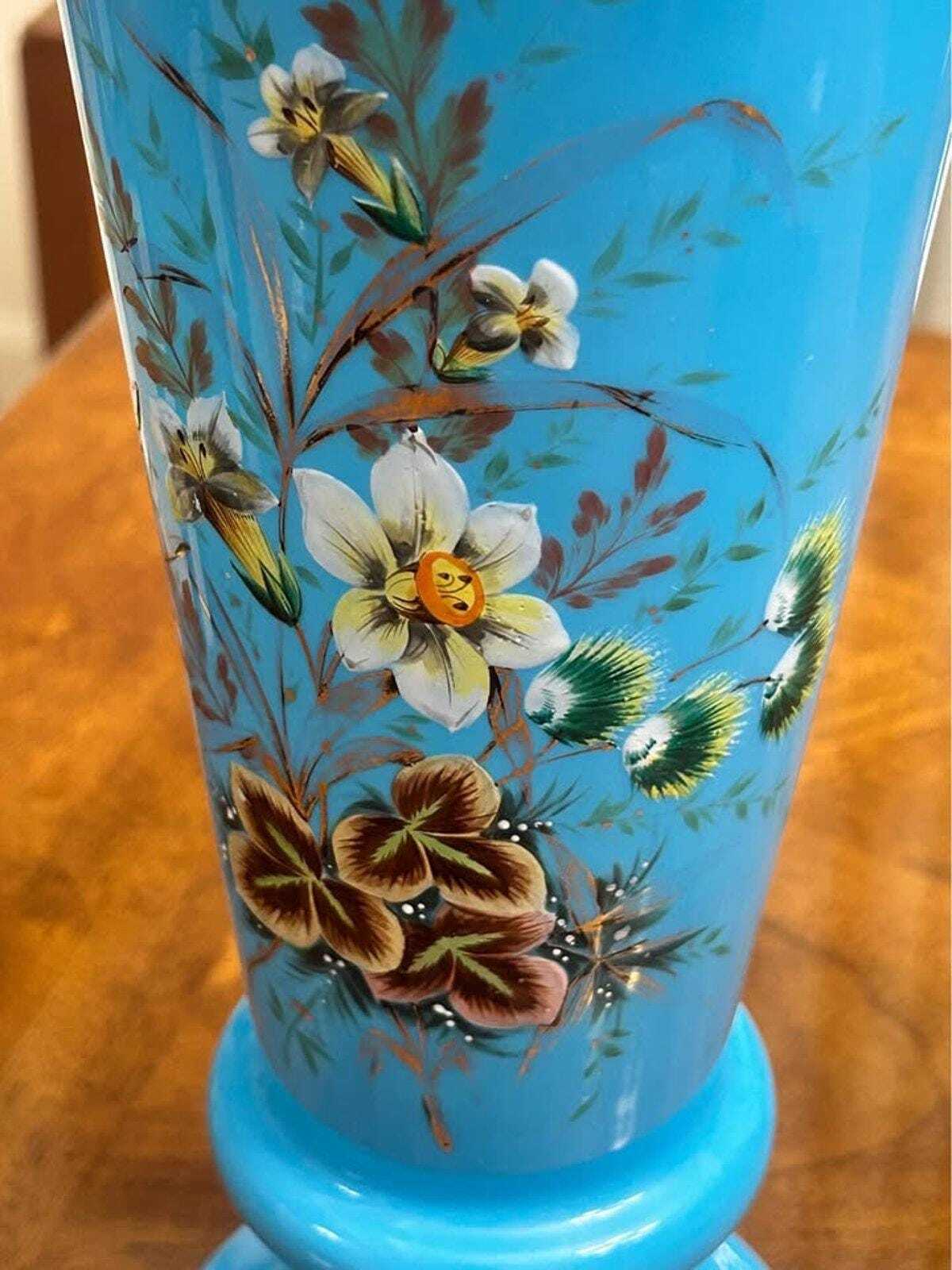 Antique Victorian Bristol Blue Glass Hand-Painted Enamel Floral Vase