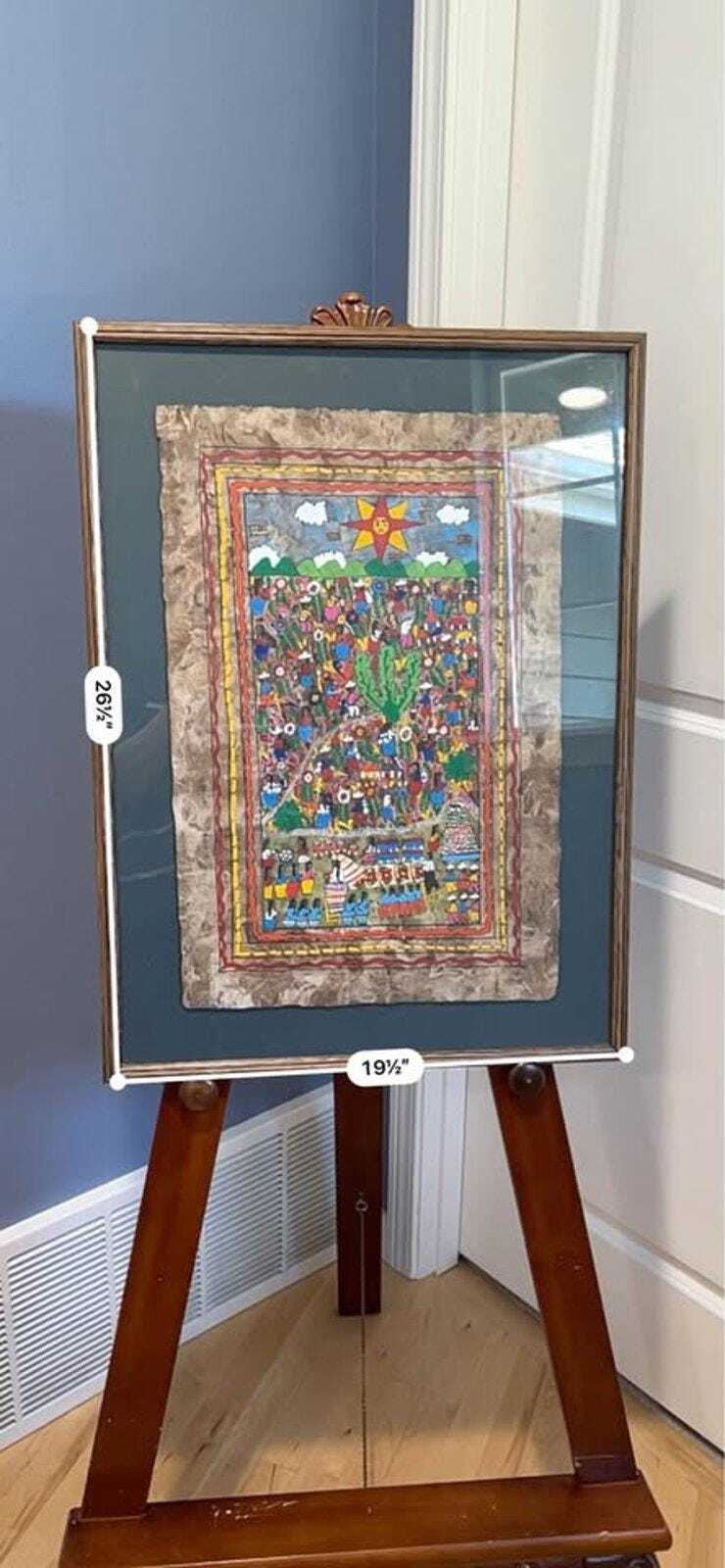 Vintage Mexican Amate Bark Painting – Nahua Folk Art Wedding Scene