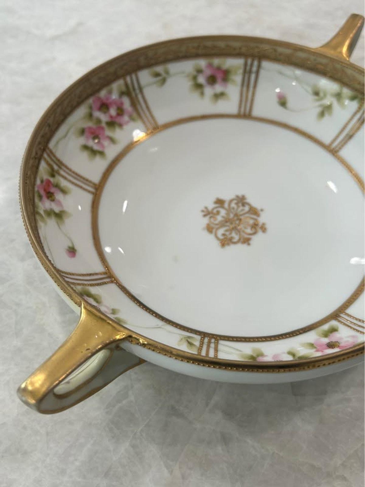 Antique Nippon Hand Painted Porcelain Two Handled Bowl - Morimura Noritake Pink Wild Rose