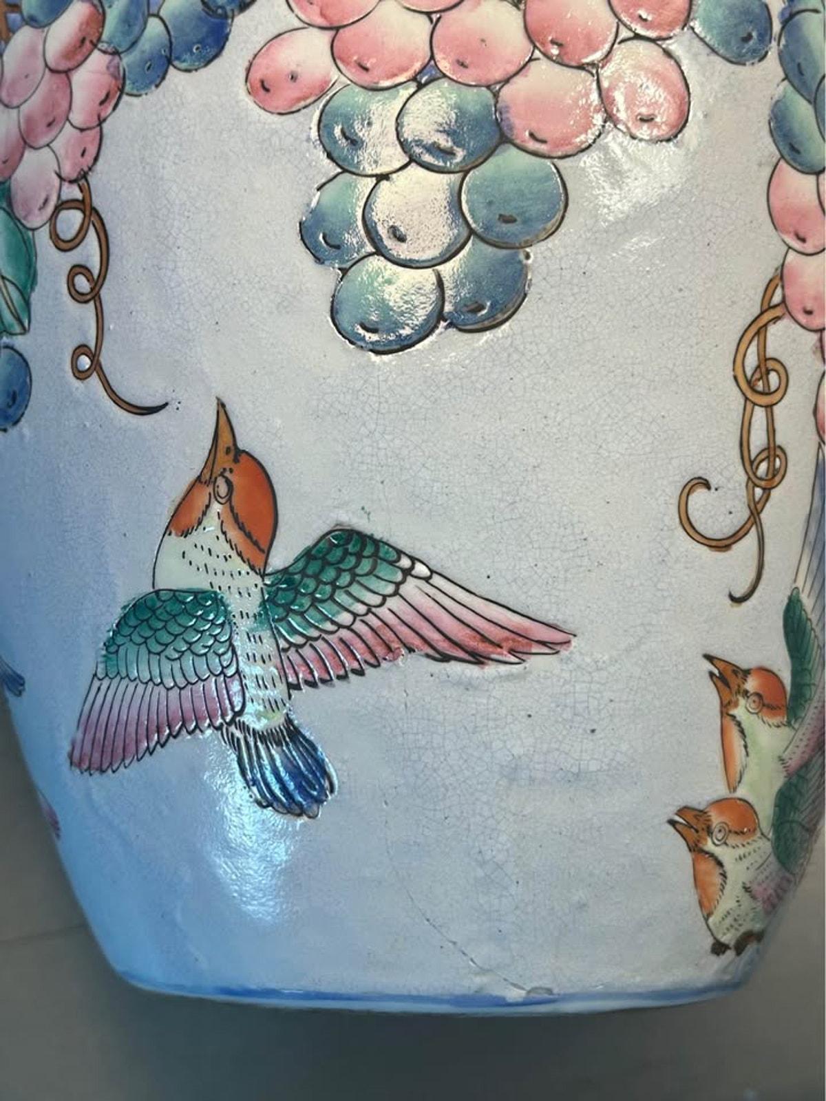 Large Vintage Chinese Raised Enamel Grape and Bird Vase