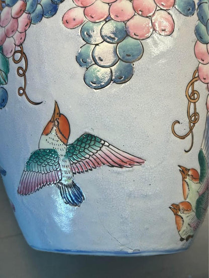 Large Vintage Chinese Raised Enamel Grape and Bird Vase