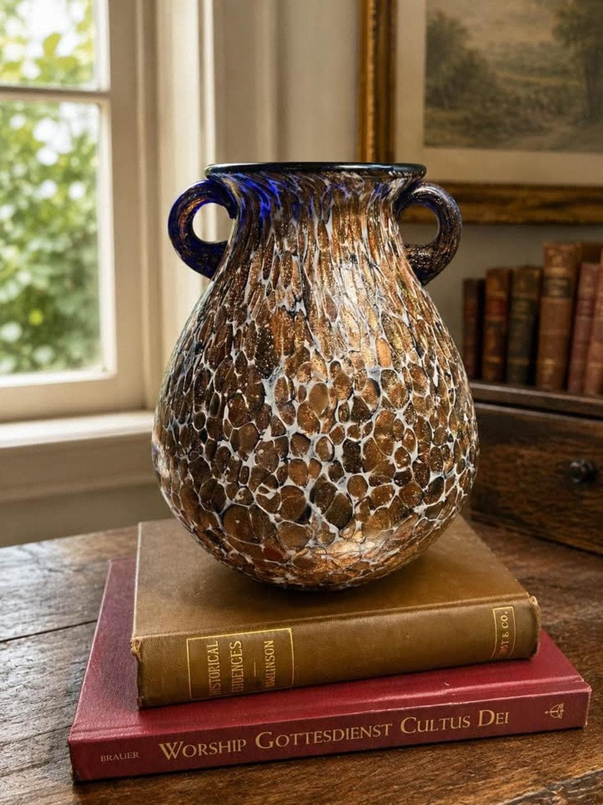 Vintage Cobalt Blue and Gold Aventurine Cased Art Glass Two Handled Amphora Urn Vase