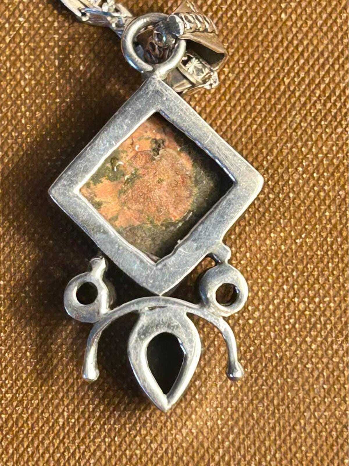 Vintage Sterling Silver Artisan Unakite & Onyx Pendant with 925 Italy Pagoda Chain