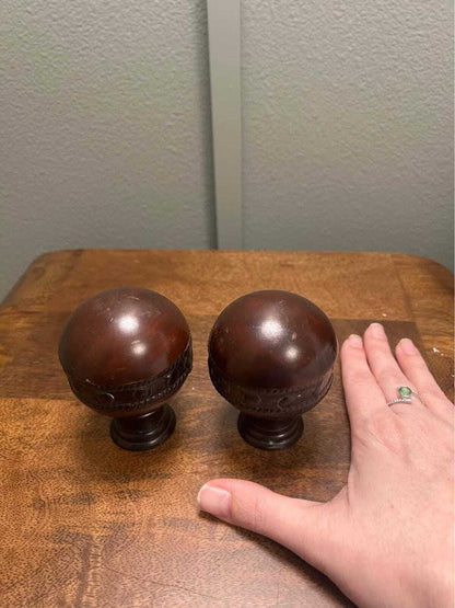 Vintage Mahogany Wood Sphere Finials – Carved Studded Detail, MCM Drapery Hardware