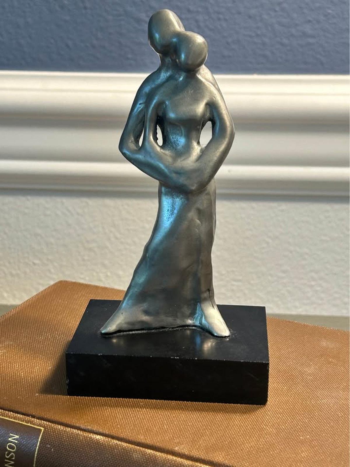 L. Chanin Abstract Pewter Couple Sculpture | Modernist Lovers Statue, Black Stone Base